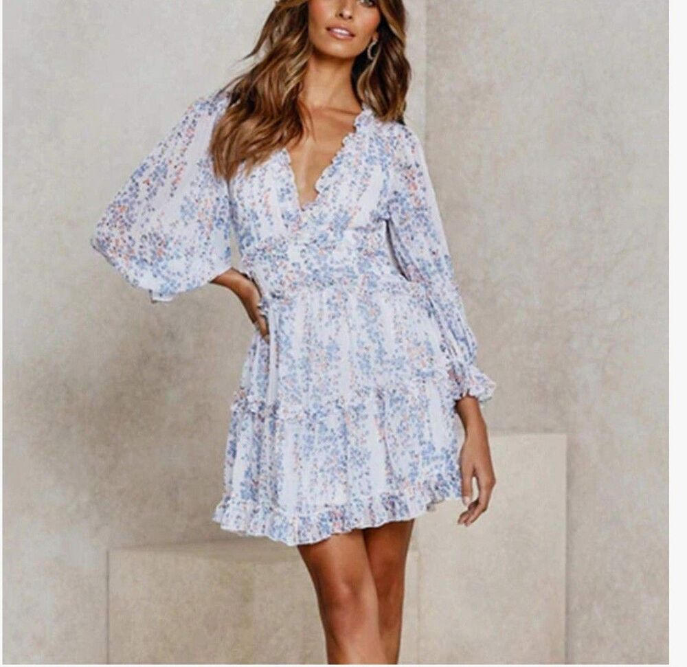 Summer Dress Size Large Boho Deep V Back Chicwish Floral Open Back Ruffle